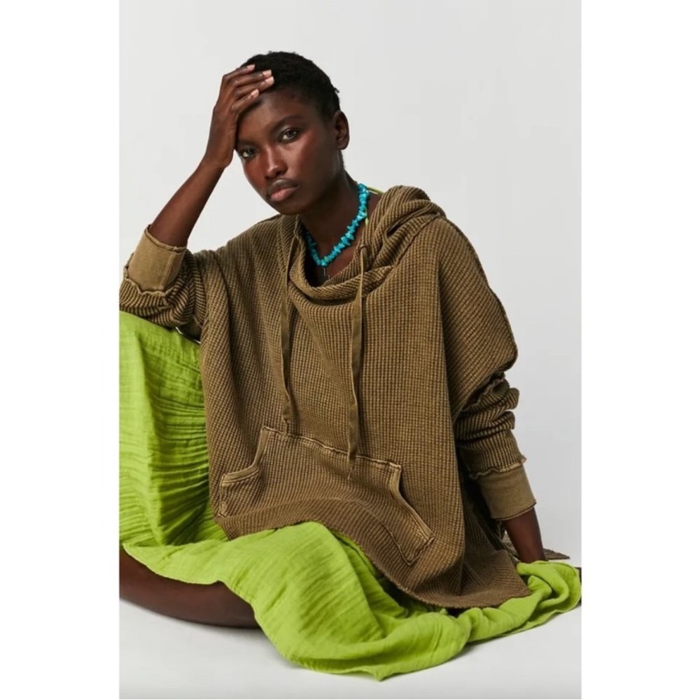 Free People FP One Gannet Hoodie Waffle Hoodie Oversized in Olive Green